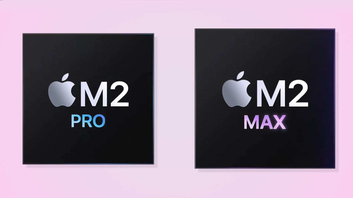 The Apple M2 Pro and M2 Max logos against a pinkish background