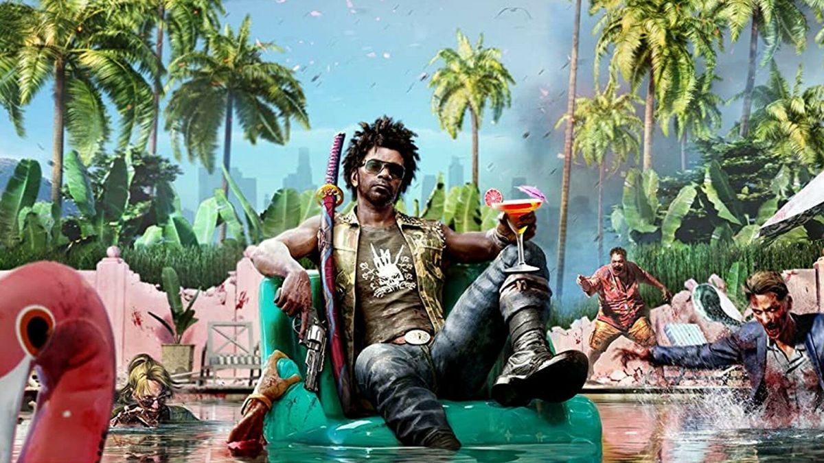 Dead Island 2: Character sitting on green inflatable in a body of water holding a cocktail and a bloodied sword while zombies move through the water towards them