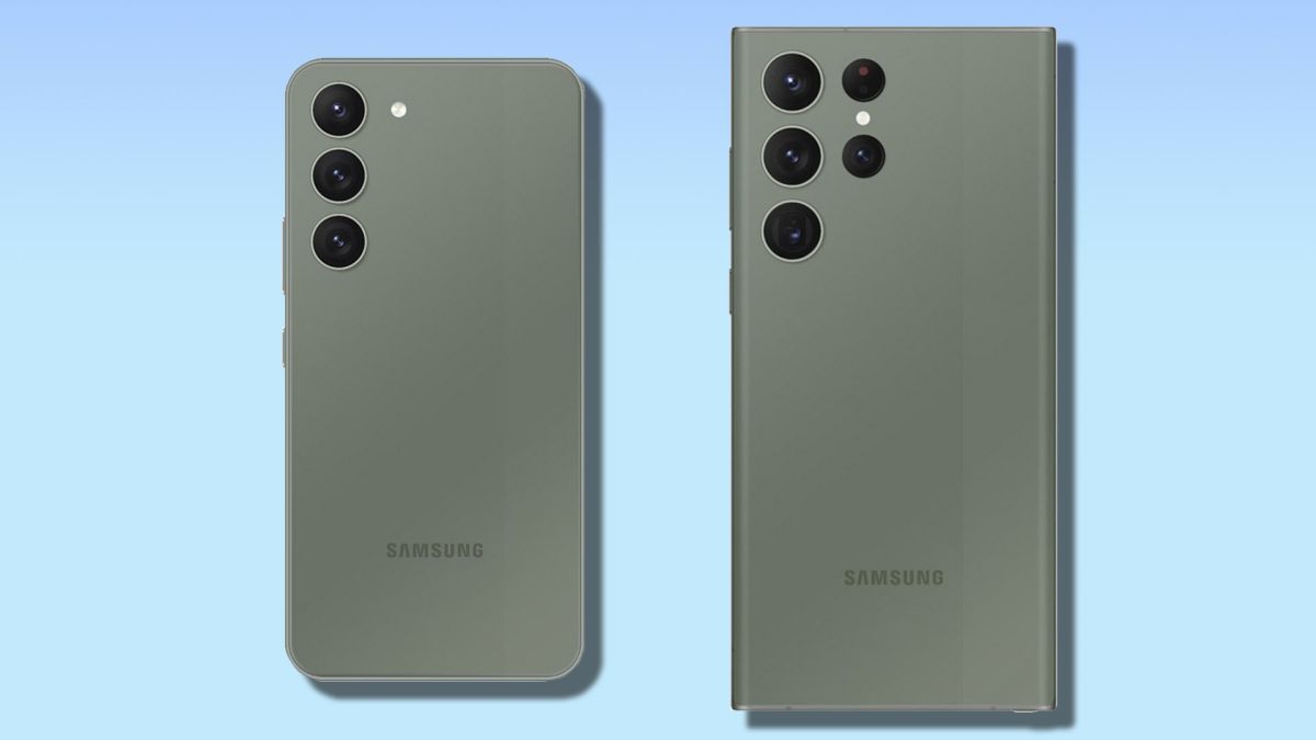 A leaked render of the Galaxy S23 and S23 Ultra in green on a blue background