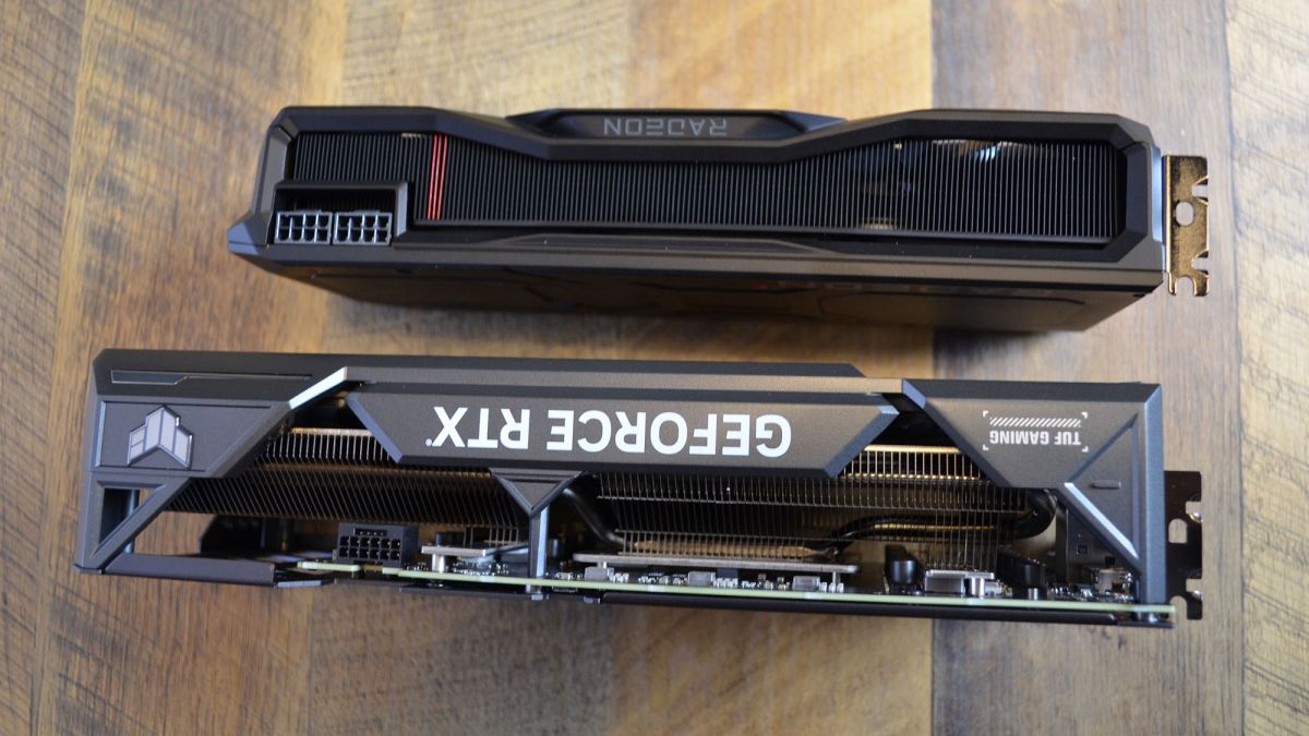 An AMD RX 7900 XT next to an Nvidia RTX 4070 Ti showing that the RX 7900 XT is slightly smaller