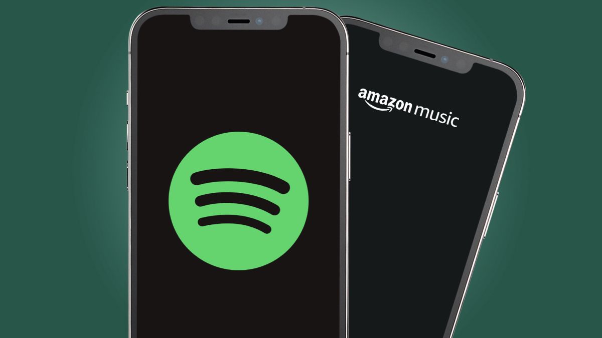 Two phones showing the Spotify logo and Amazon Music logo