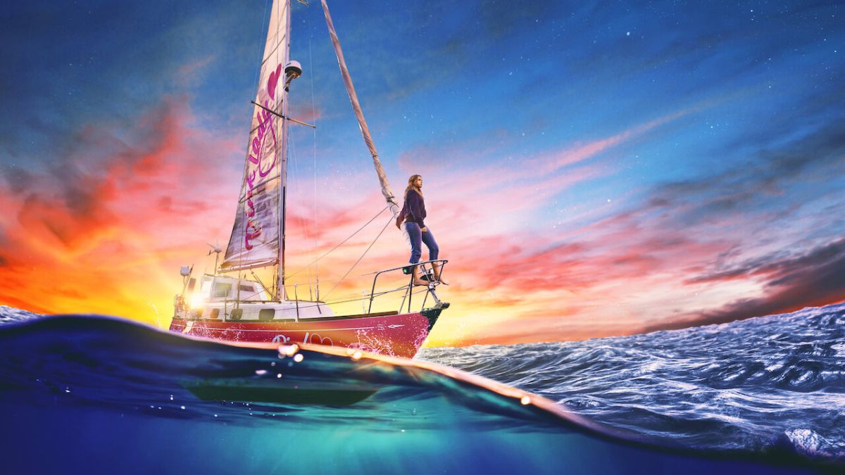 Poster for True Spirit on Netflix, showing girl standing on top of a sailing boat