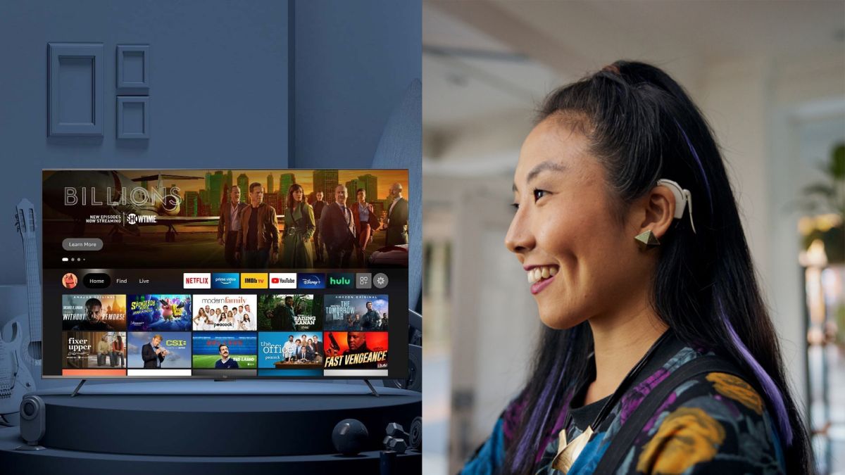 Amazon Fire TV on the left, a woman with a cochlear implant smiles on the right