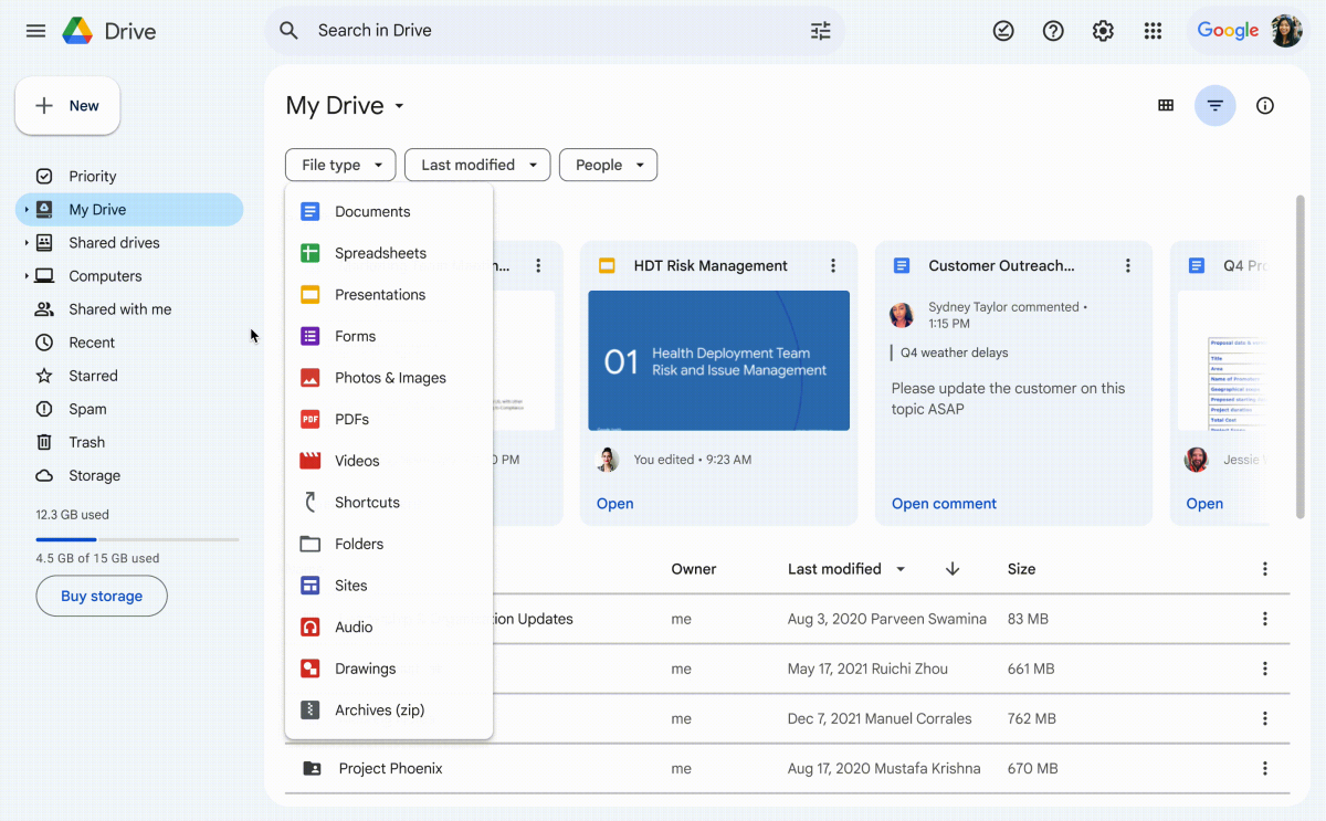 The new drop-down menu in Google Drive, showing filters for document type, sort options, and who a document is shared with.