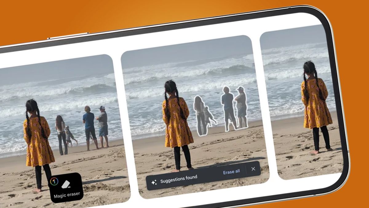 A phone screen showing a photo of a child on a beach being edited by Google