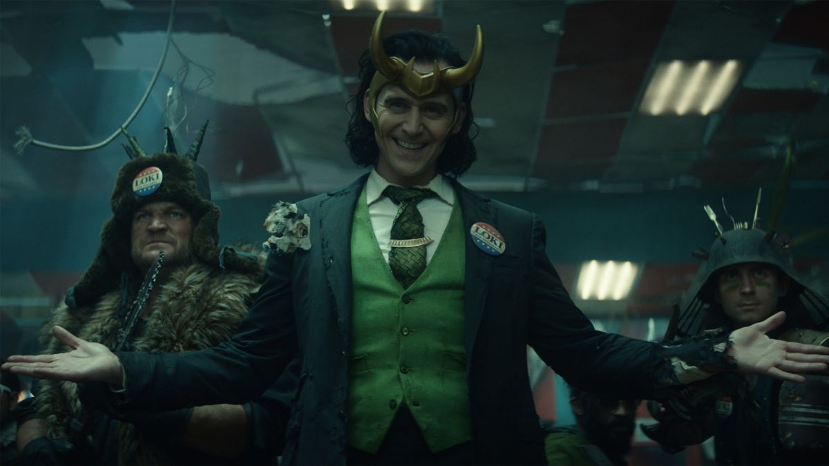 Tom Hiddleston playing President Loki in the Disney Plus show