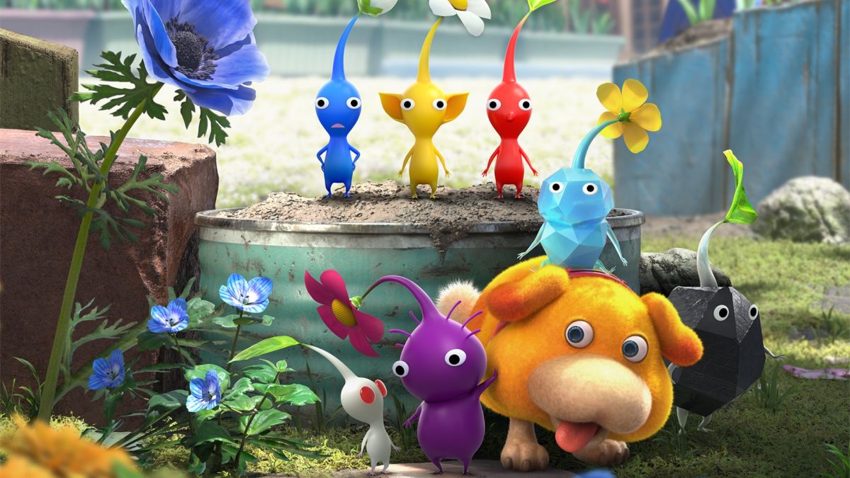 Pikmin 4 image of pikmin standing together with dog