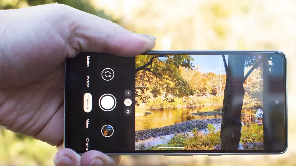 Google Pixel 7 with foliage behind