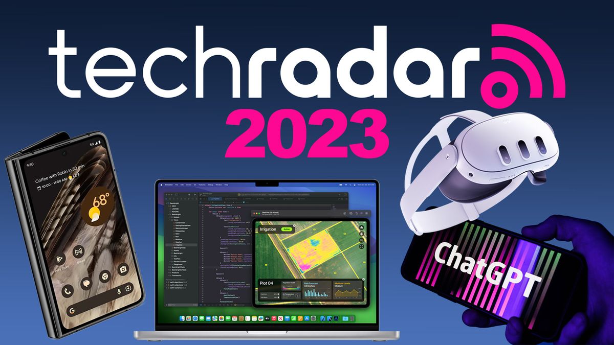 Google Pixel Fold, Apple MacBook Pro 16 M3, Meta Quest 3, ChatGPT on a phone, plus the TechRadar logo on a blue background around the number 2023