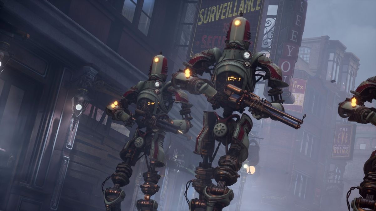 A screenshot of two robot-like figures in Clockwork Revolution.