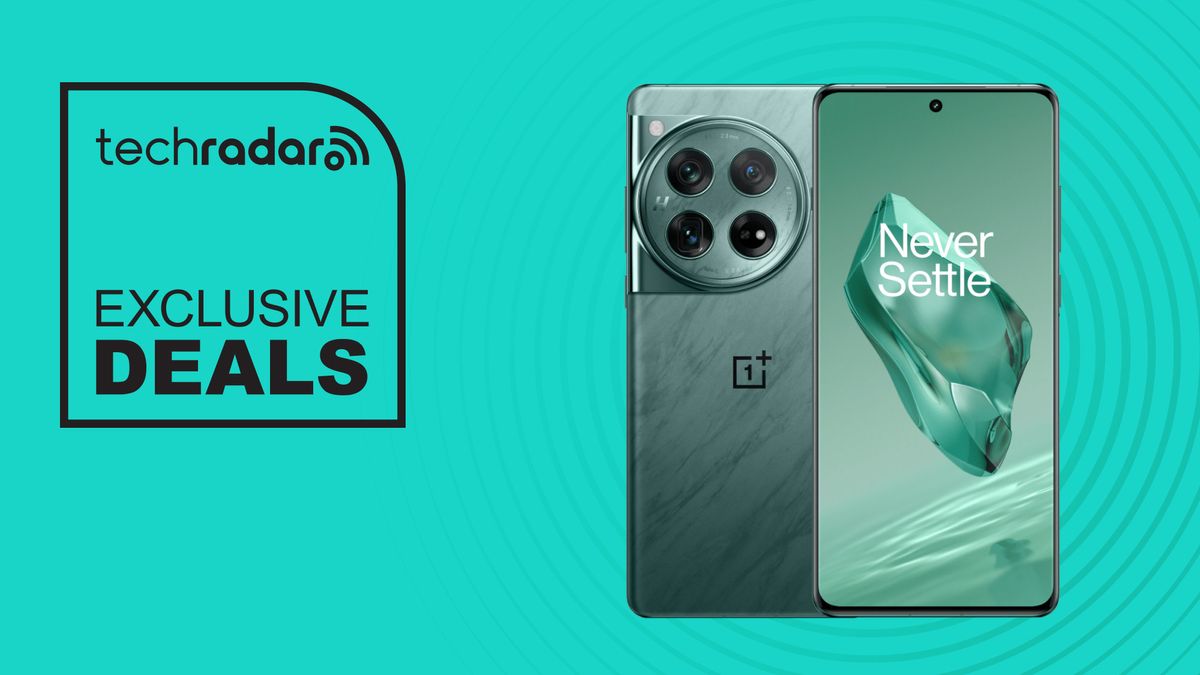 OnePlus 12 in green on turquoise background with exclusive deals text overlay