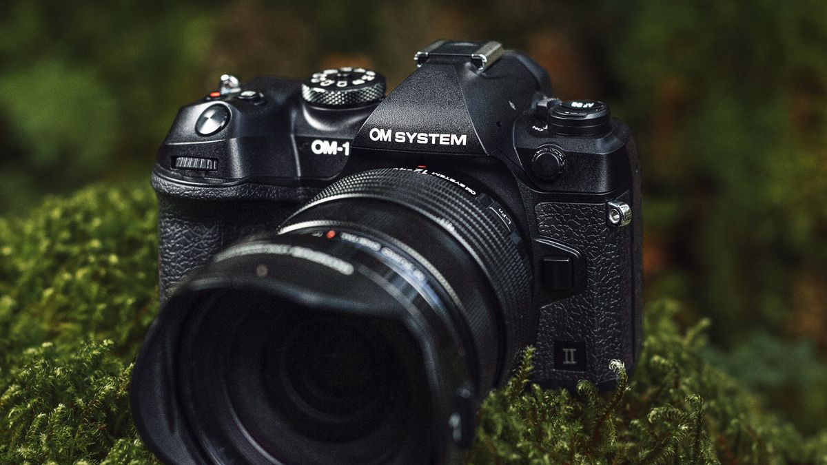 OM System OM-1 II mirrorless camera resting on a mossy rock