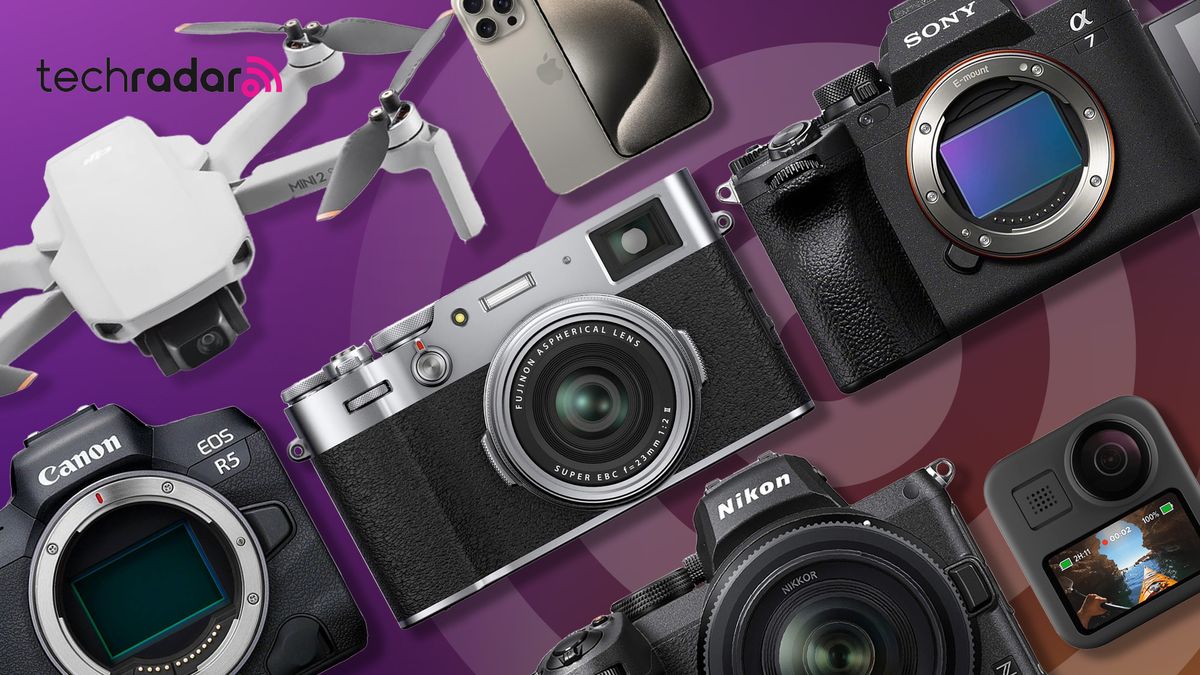 A selection of cameras that could be updated in 2024 including Fujifilm X100V and Canon EOS R5