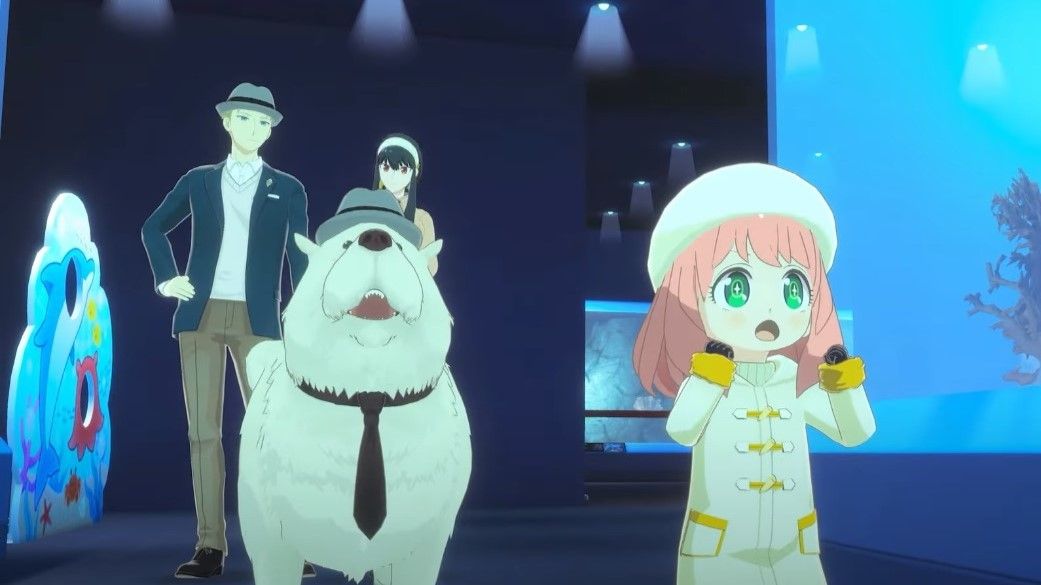 Anya, Bond, Loid and Yor in an aquarium in SPYxANYA: Operation Memories.