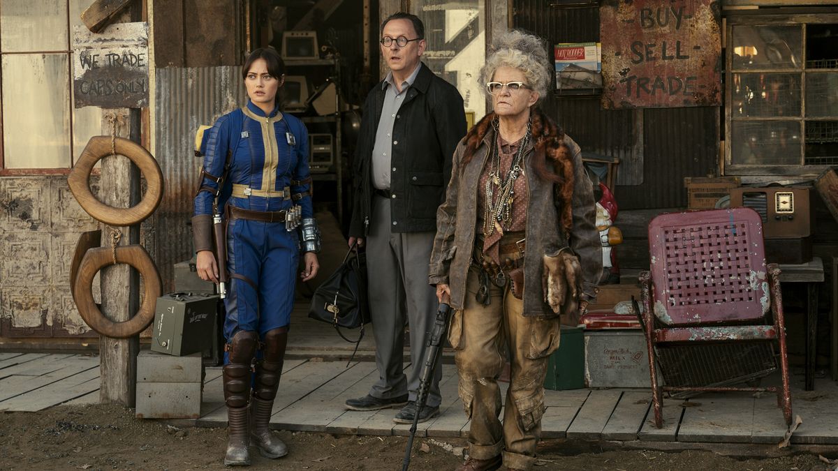 Lucy, Wilzig, and Ma June looks shocked as The Ghoul appears in Fallout on Prime Video