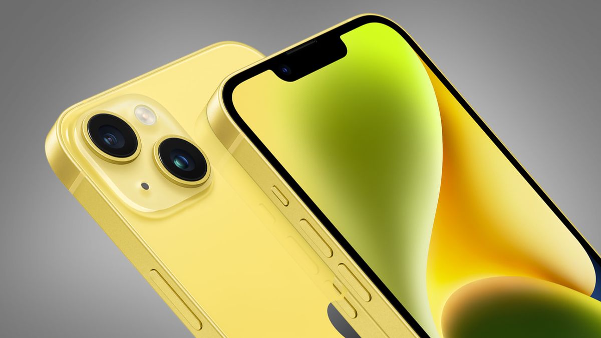 The yellow Apple iPhone 14 on a grey background